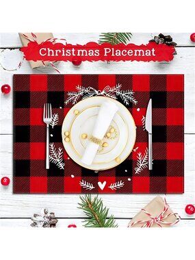 Set of 6 Christmas Placemats, 12 * 18 Inch Red & Black Buffalo Plaid Cotton